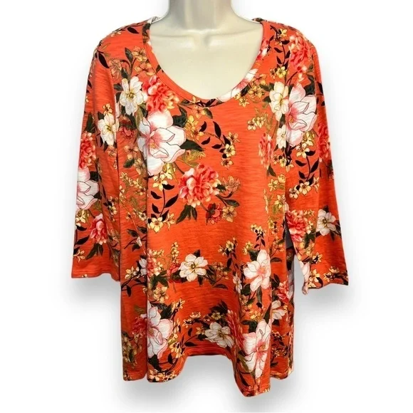 Chico’s Women’s Cotton-Blend Slub Floral-Print Tee Coral Size 1 (Medium) - Picture 1 of 9